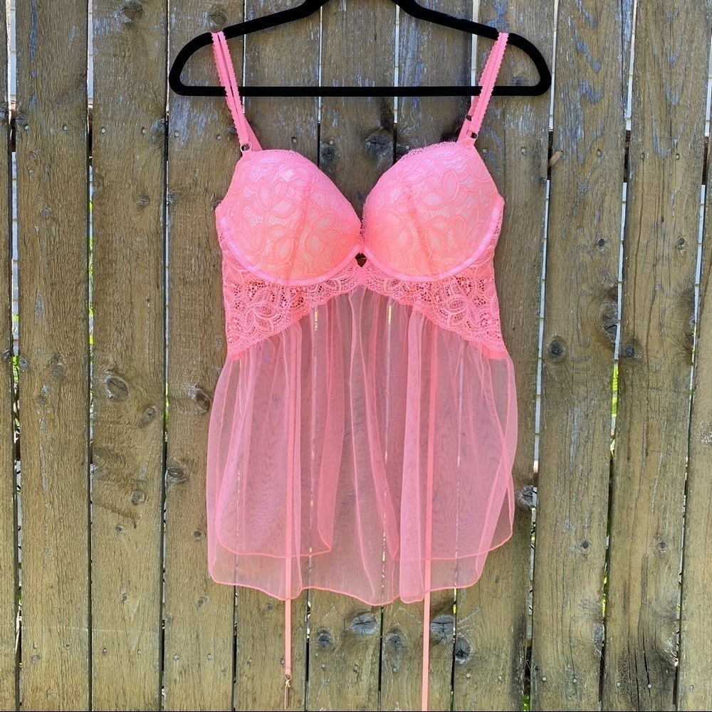 NWT Victoria’s Secret Coral Lace Sheer Babydoll Top Sz 36D